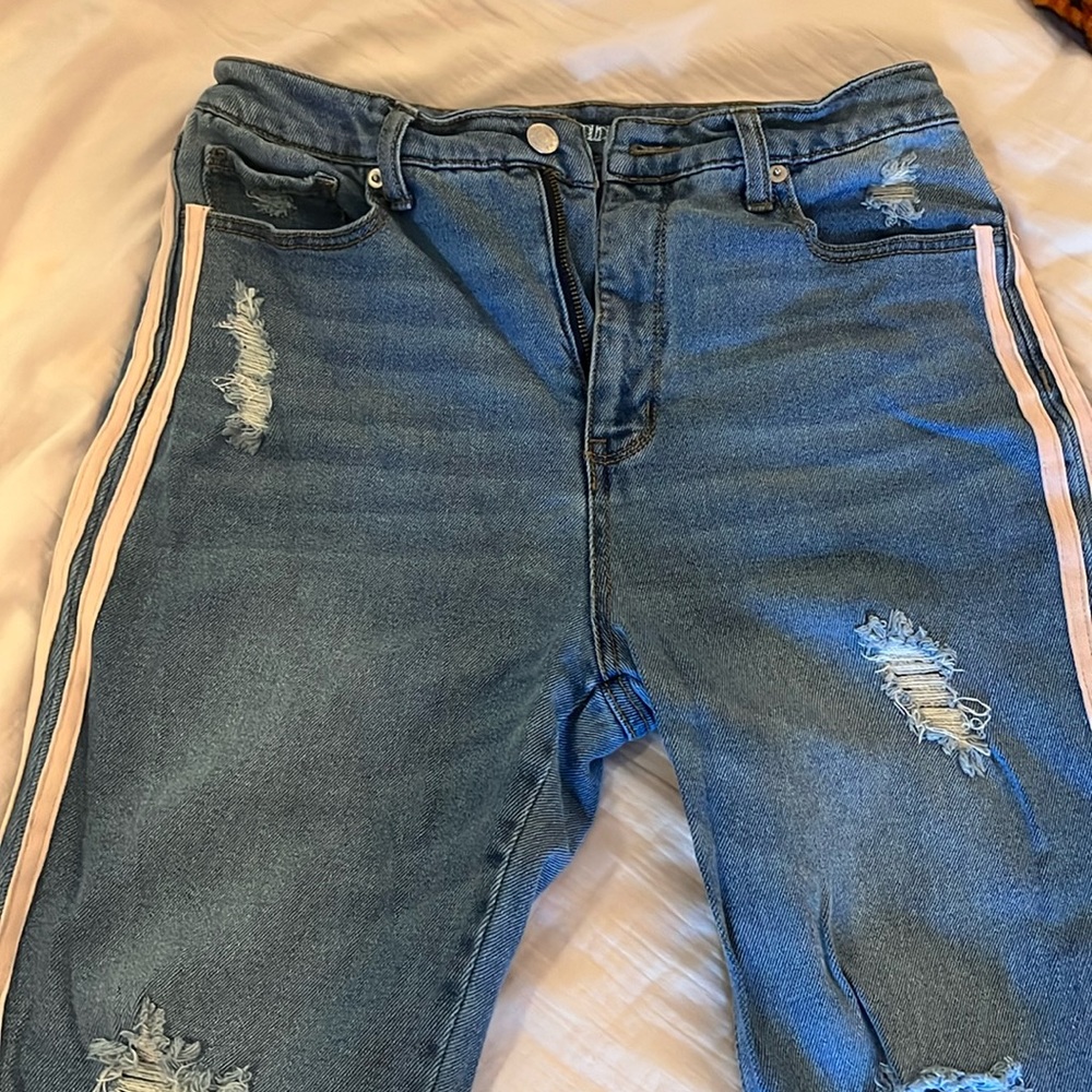 Target flared Jean, high waisted, pink stripe down side of pants, frayed bottom